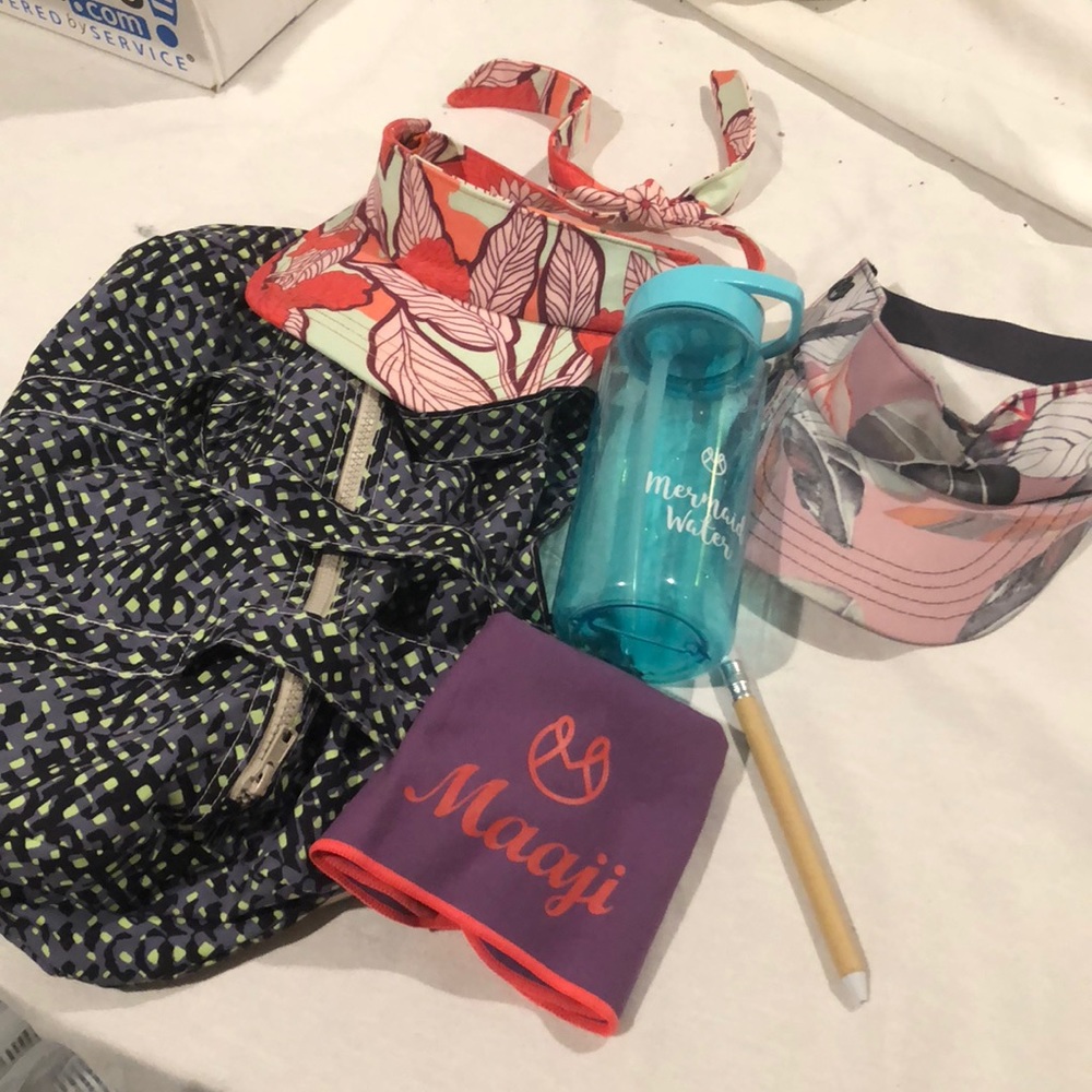 Maaji Beach bag, visors, water bottle, notebook